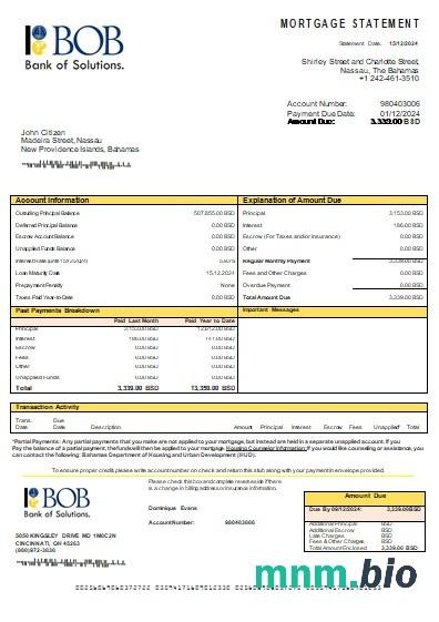 Bahamy Bank of the Bahamas wyciąg z kredytu hipotecznego szablon Word i PDF